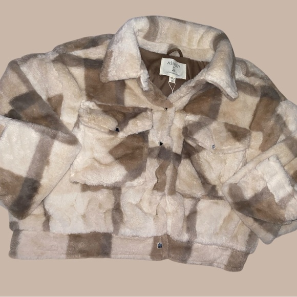 NWT ASHLEY BY 26 INTERNATIONAL FAUX FUR CAMEL PLAID PATTERN CROPPED JACKET•S/XL - Picture 7 of 11